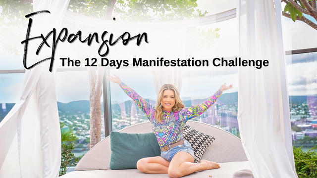 a woman sitting on a bed with the words LearnWorlds- Expansion- The 12 Days Manifestation Challenge.