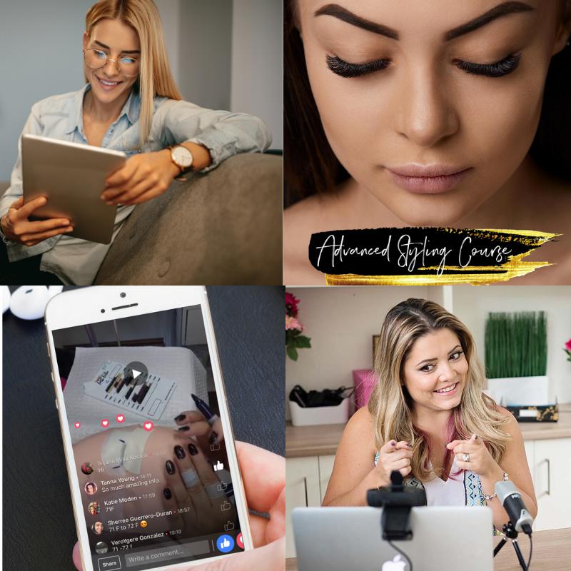 a collage of pictures of a woman using the Advanced Eye Styling | Online Eyelash Course by Lash Tribe.