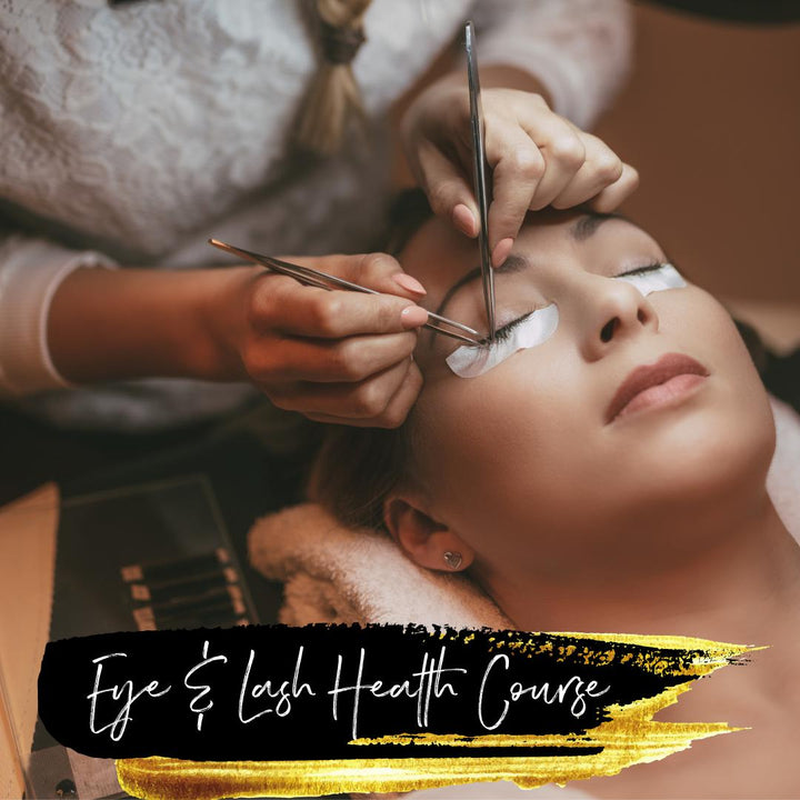 A woman getting her eyelashes done in a salon with the product "Eye and Lash Health 2x Certification Course | Online Lash Course" by the brand "Lash Tribe".