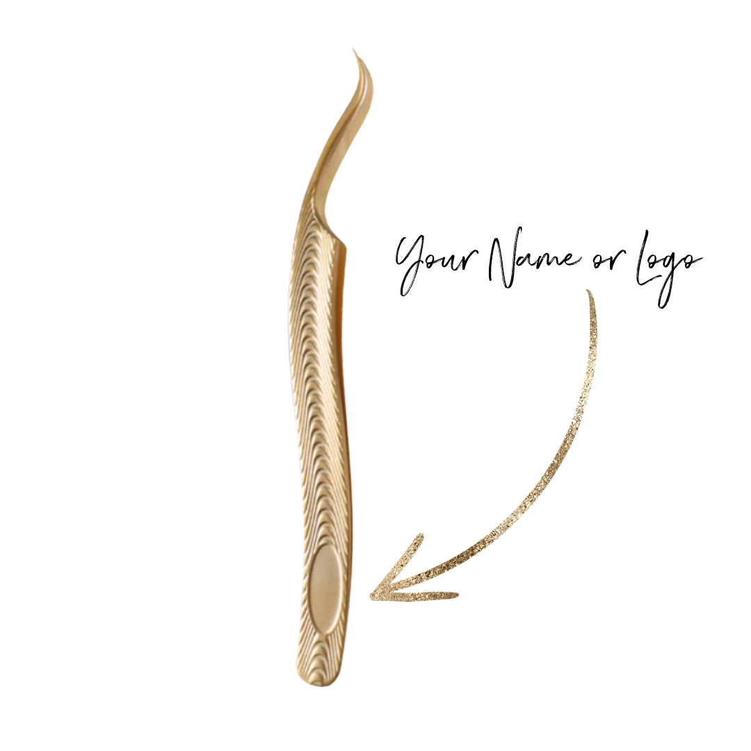A non-slip Platinum Gold Series - The Ultimate Tweezer Collection by lash tribe with an arrow pointing in the direction of the tweezers.