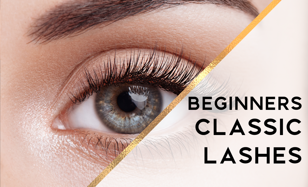 A woman's eye with the words LearnWorlds Beginners Classic lashes.