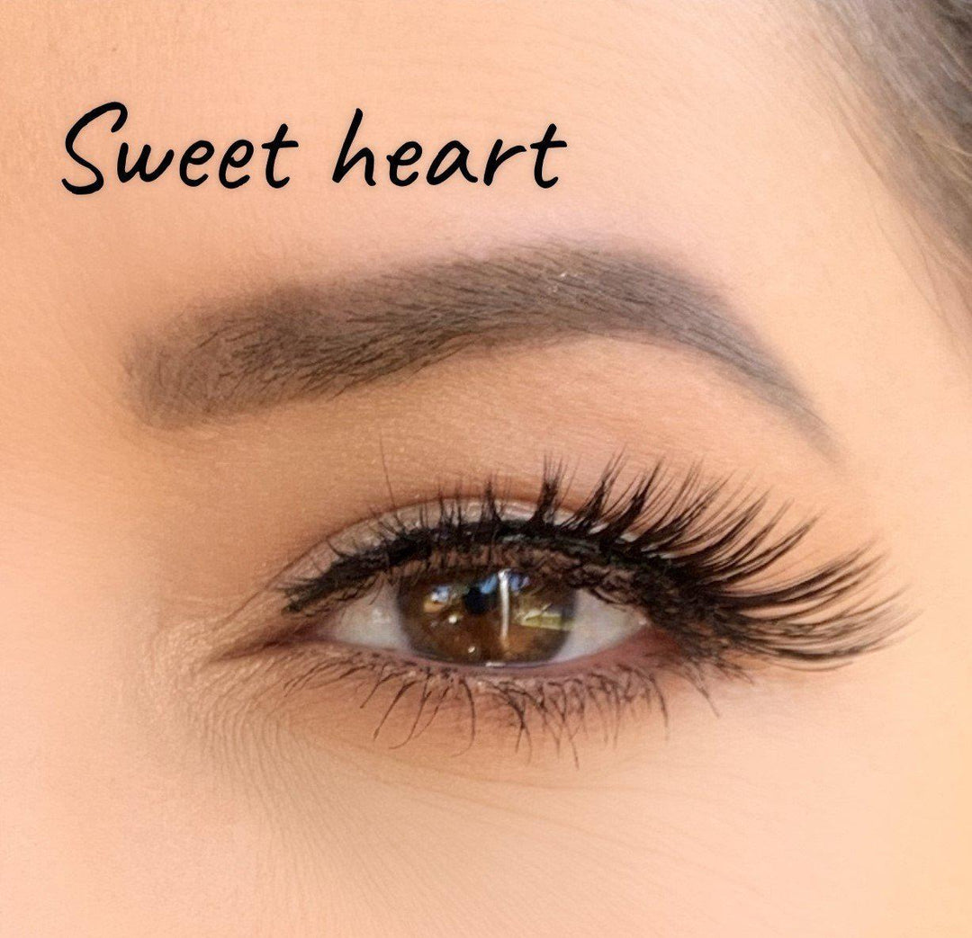 A woman's eye with long lashes and the words sweet heart wearing the Silk Magnetic Lashes & Liner Kit by Lash Tribe.