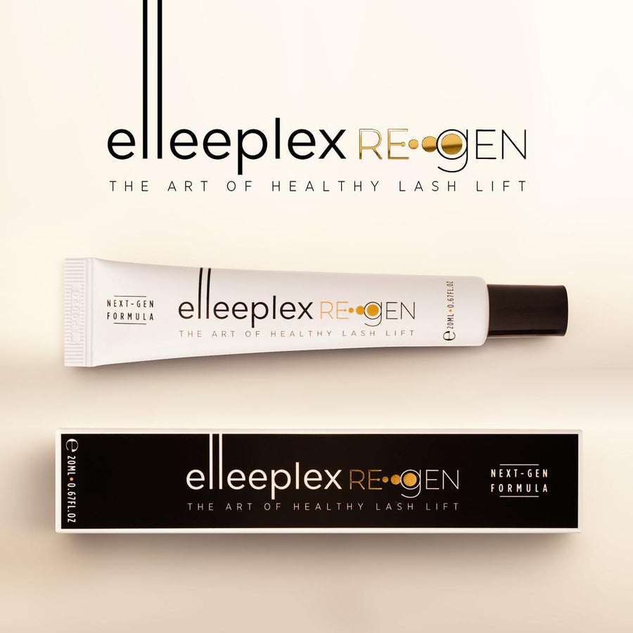 A tube of Elleeplex Re-GEN Lash & Brow Protection System by Elleebana on a white background.