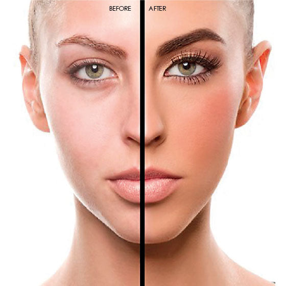 A woman's face before and after using the Lash Tribe Fibre Brow Enhancer Kit.