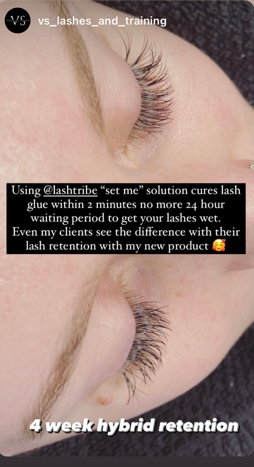 a photo of Lash Tribe's Superbonder for Eyelash Extensions | SET ME on a woman's eyelashes.