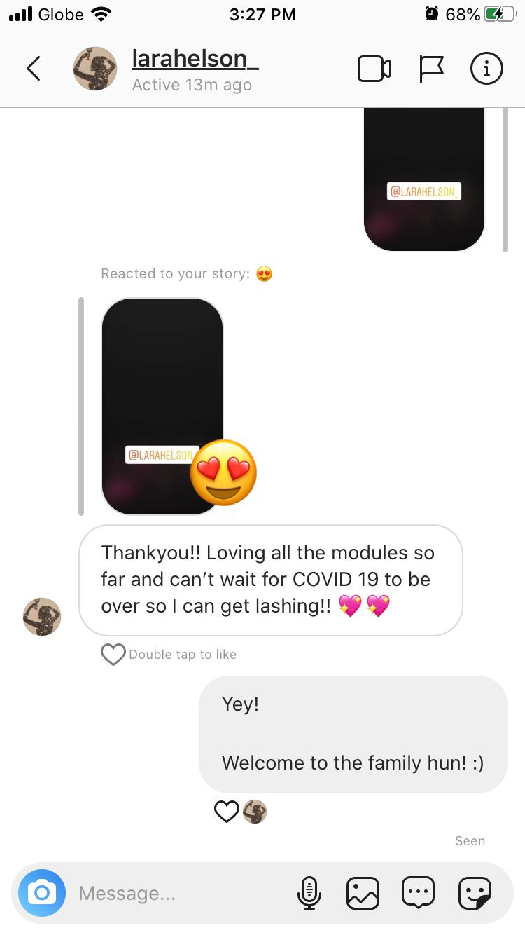 a screenshot of a text message between two people discussing the Classic Beginners Fundamentals | Online Eyelash Extension Course offered by Lash Tribe.