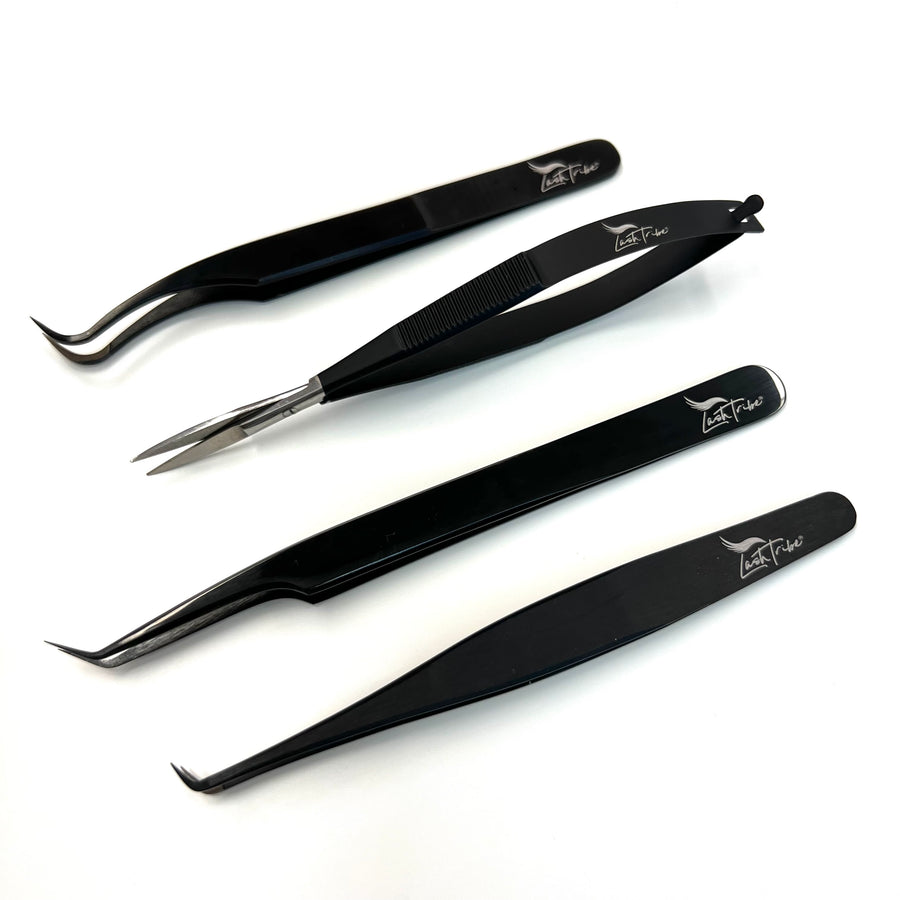 Three Black Beauty Nano Tips | Russian Volume Tweezers from Lash Tribe on a white surface.