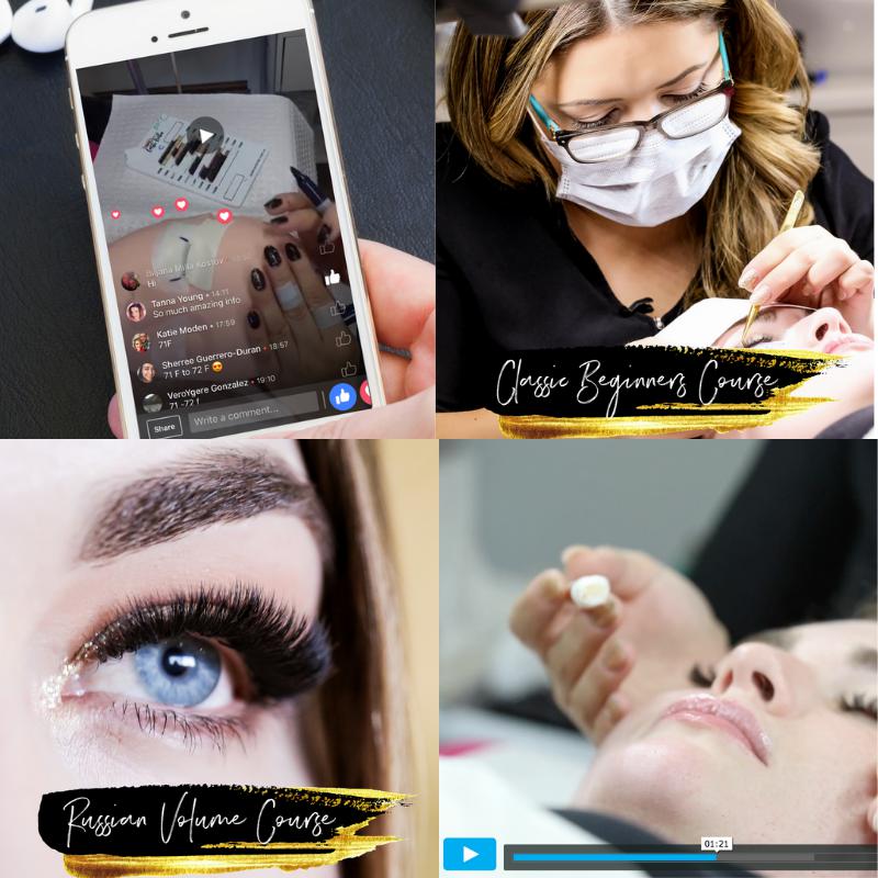 a collage of pictures of a woman doing Lash Tribe KICK START Bundle | 3 in 1 Online Lash Course eyelash extensions.
