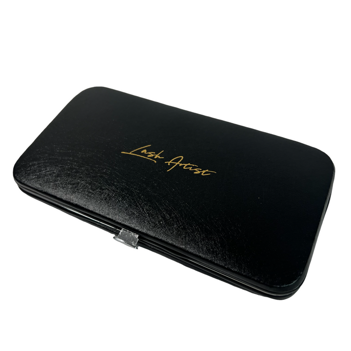 A customisable Platinum Gold Series - The Ultimate Tweezer Collection case with gold lettering, by lash tribe.