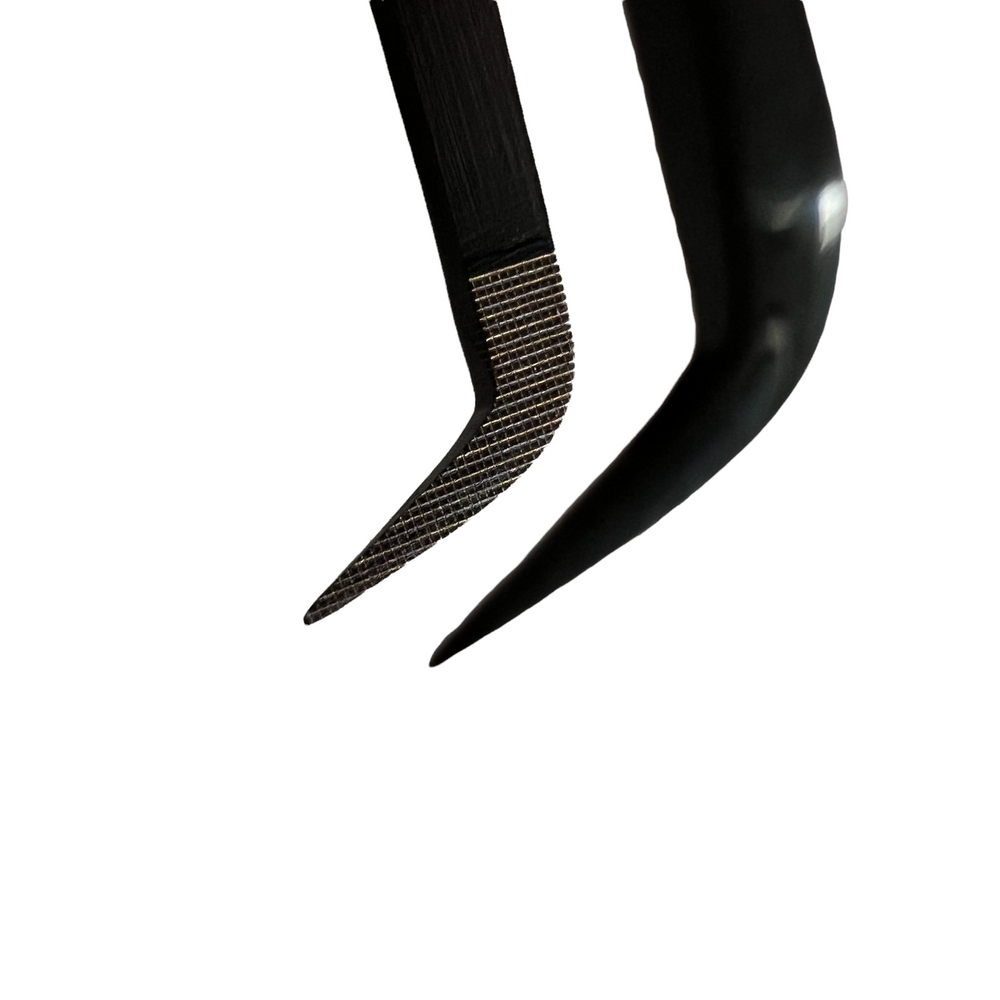 a pair of Nano Fibre Tip | Volume Tweezer - Black Beauty 2 scissors on a white background by Lash Tribe.