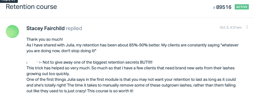 A screenshot of a Lash Tribe tumblr page showing the Retention Secrets course.