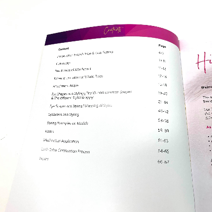 A Lash Tribe book with a pink cover and a pink menu, perfect for those interested in Eye Shapes and Styling | Lash Manual | (Hardcopy) PLUS Training Video techniques.