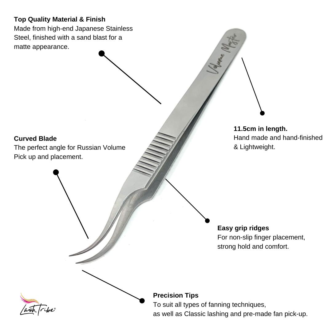 a diagram showing the different parts of a Volume Master | Curved Precision Tweezer by Lash Tribe.