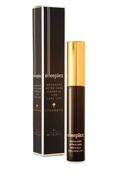 a black bottle of Elleeplex Advanced After Care Formula for Lash Lift by Elleebana with a gold lid and a box.