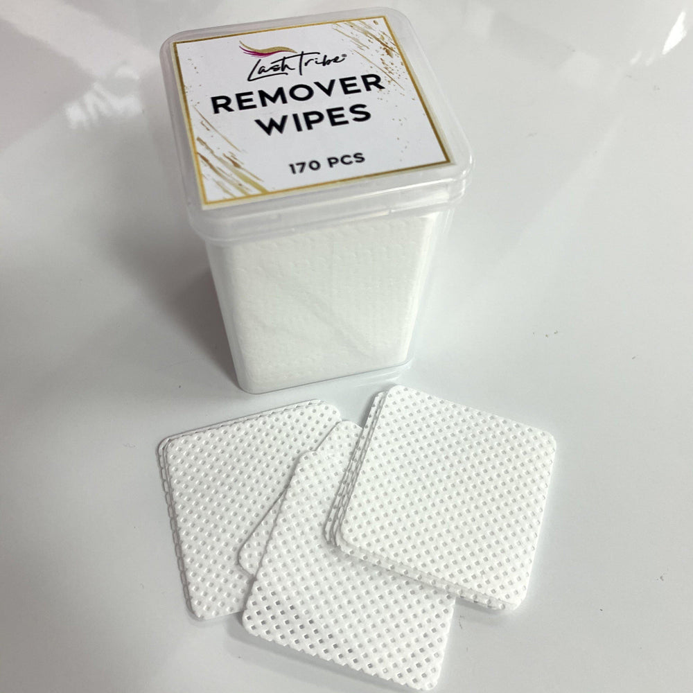 Lash Tribe's Lash Glue Remover Wipes in a container with a lid.