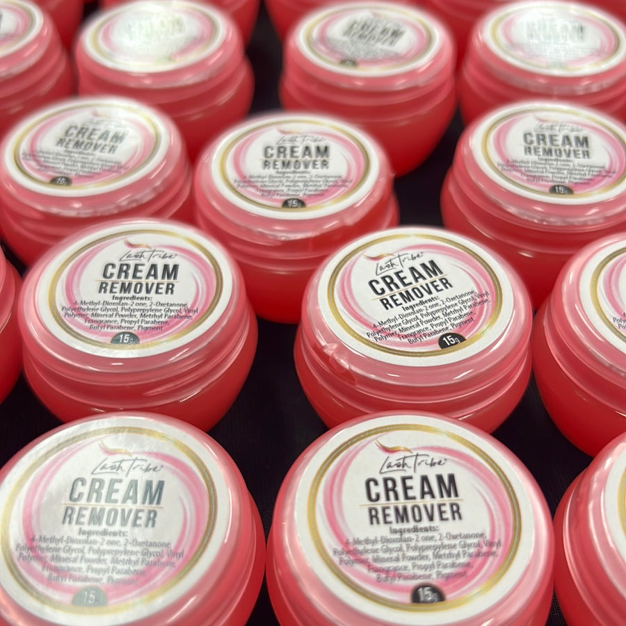 Lash Tribe® cream remover in pink jars on a table.