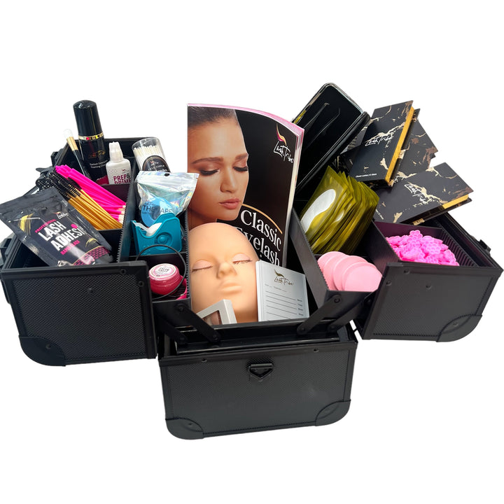 a black box filled with Lash Tribe Classic Eyelash Extension Starter Kit cosmetics and makeup products.