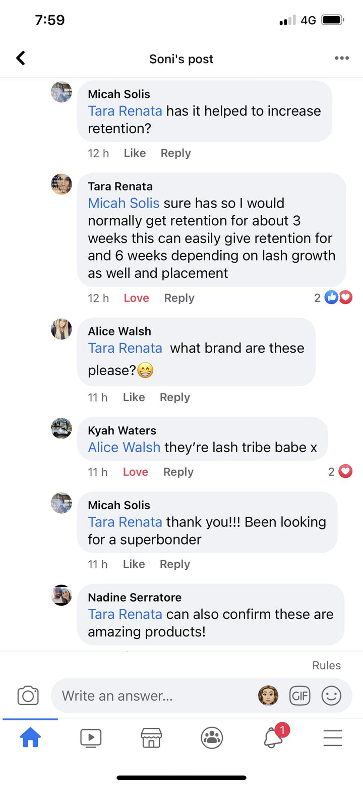 a screenshot of a conversation between two people on Facebook using Superbonder for Eyelash Extensions by Lash Tribe.