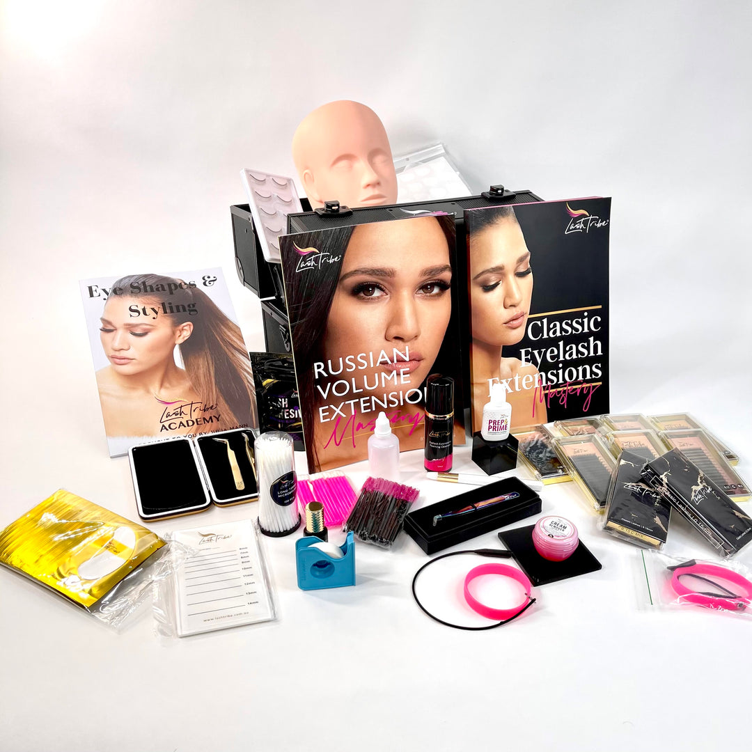 a Lash Tribe KICK START Bundle | 3 in 1 Online Lash Course with a variety of items on it.