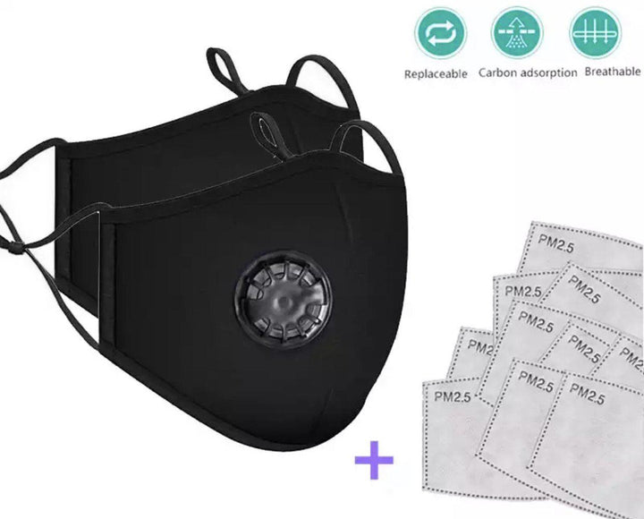 A Lash Tribe reusable carbon filter mask with a filter and a pack of filters.