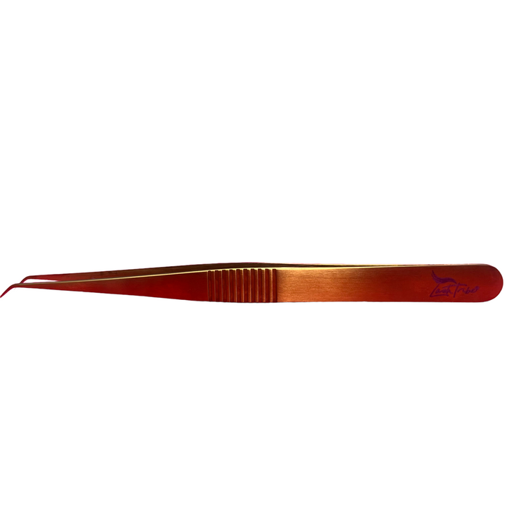 a New Angled Isolation Tweezers with a red handle on a white background from Lash Tribe.