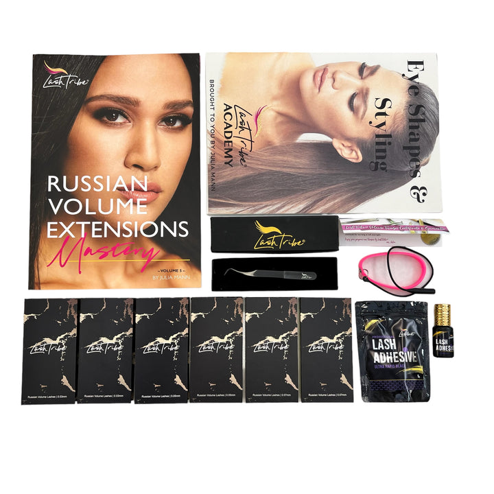 Various eyelash extension products including boxes of lashes, Lash Last Ultra Rapid Black Glue, tools, and promotional images of two models displayed on a white surface.