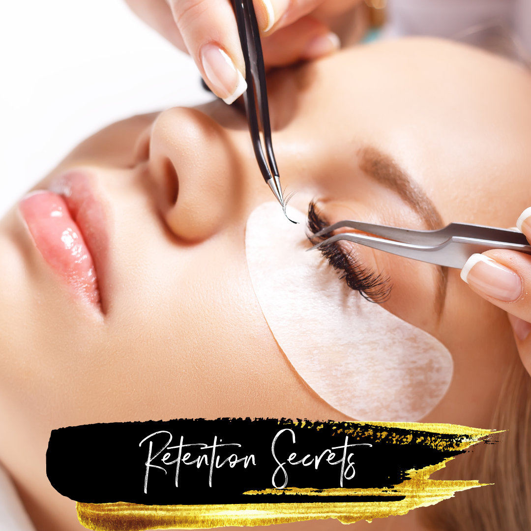 A woman getting her eyelashes done at a Lash Tribe salon using Retention Secrets.