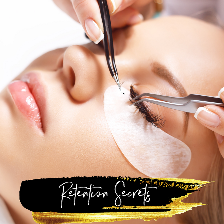 A woman getting her eyelashes done at a Lash Tribe salon using Retention Secrets.
